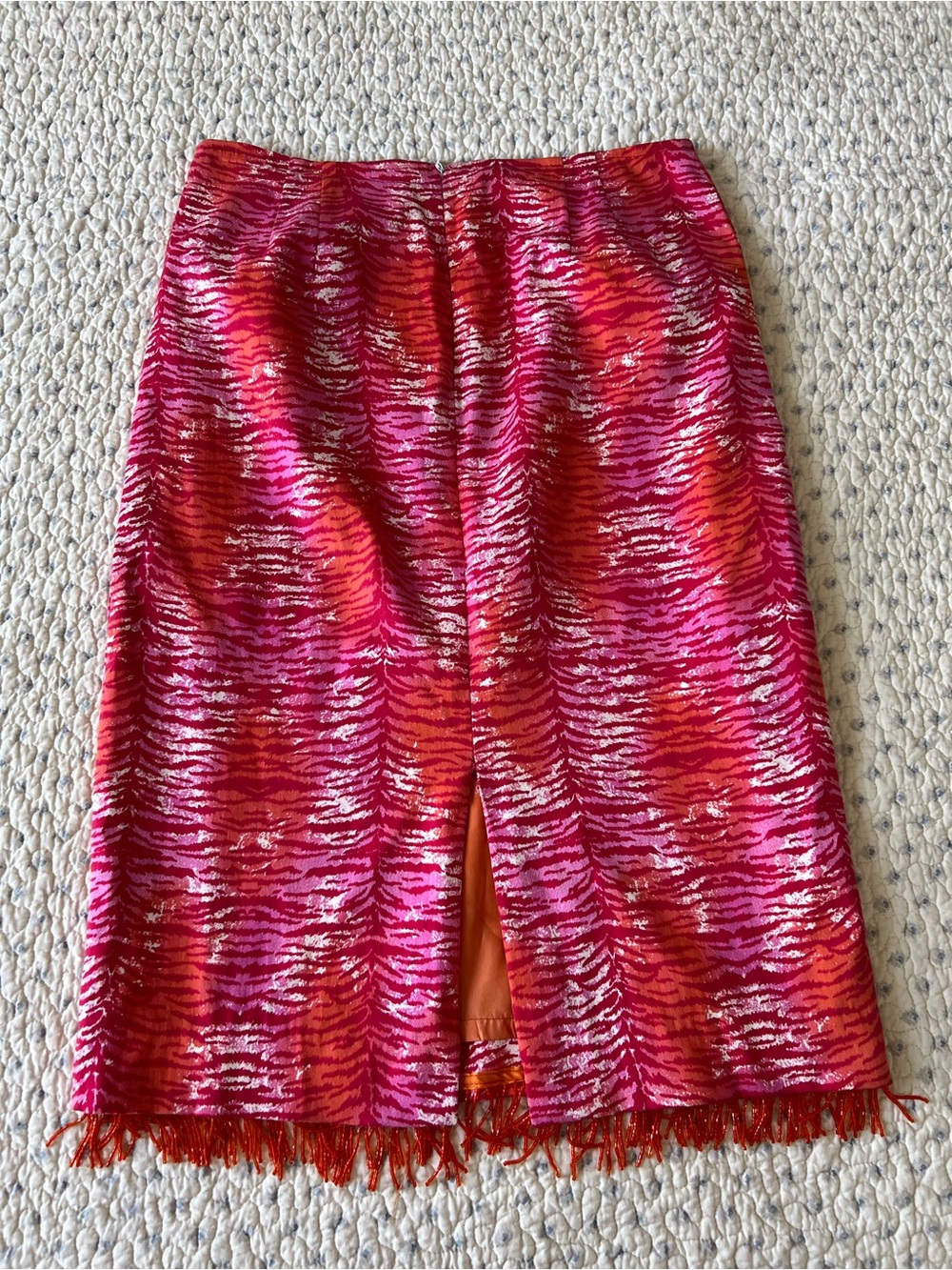 Bliss Pink and Red Patterned Fringe Pencil Skirt Size 8 - Picture 4 of 7